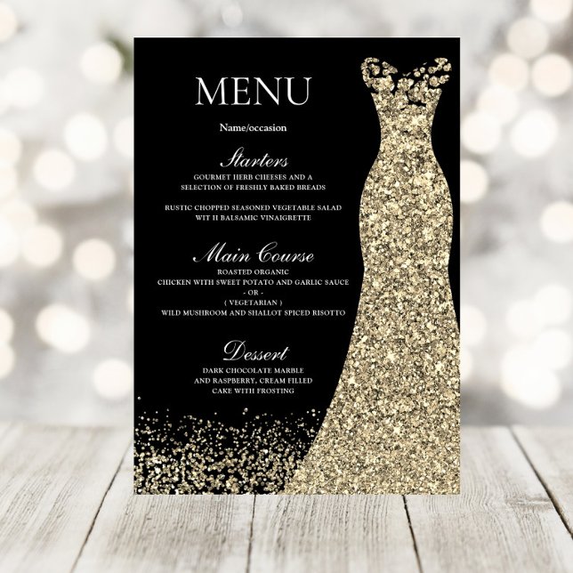 Menu Ouro Sparkle Vestido Preto Festa de aniversário Br (Criador carregado)