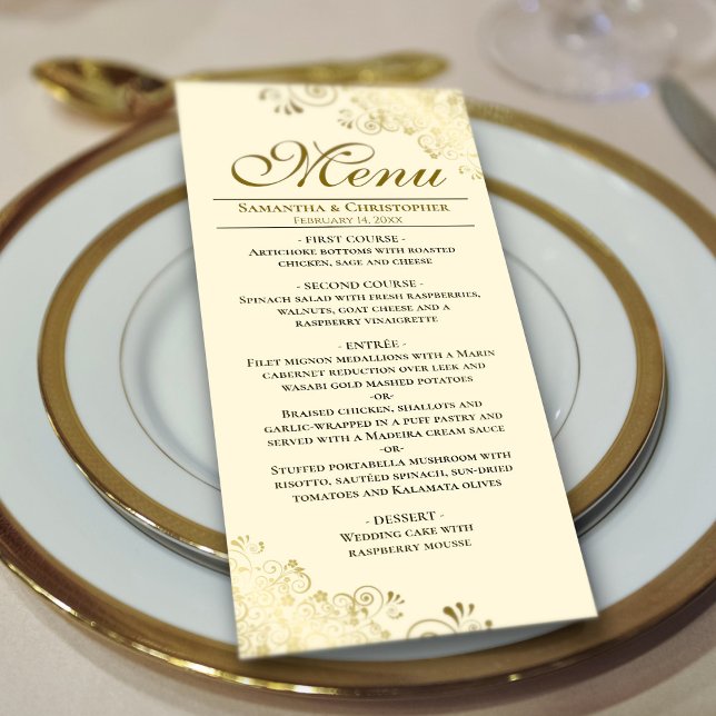 Menu Ouros Elegantes Amigos em Casamento Creme (On Plate)