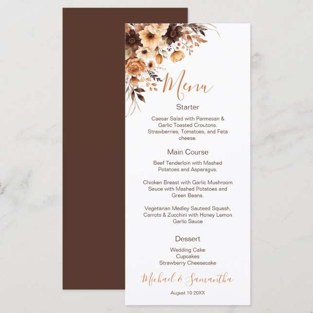 Menu Outono Bege Rústico e Rosa Marfim Casamento Countr (Frente/Verso)