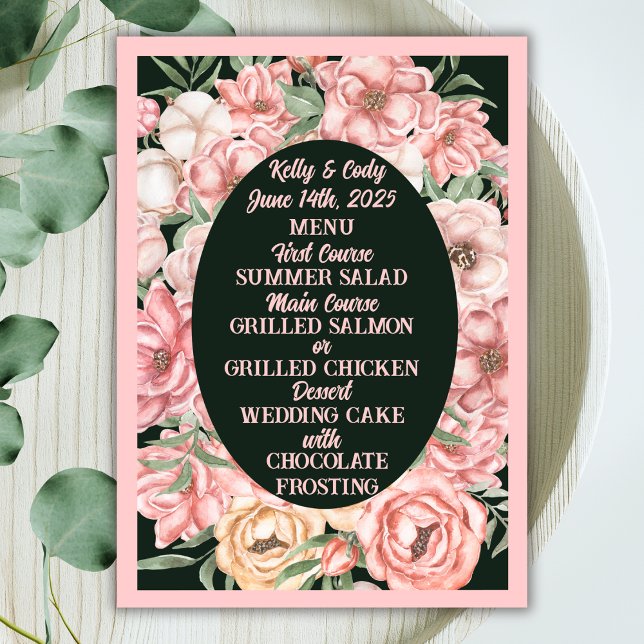 Menu Oval da Flor Rosa e Beige no Casamento Verde Profu (Criador carregado)