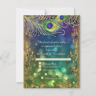 Menu Pacock Feather Dourada Glitter Wedter RSVP