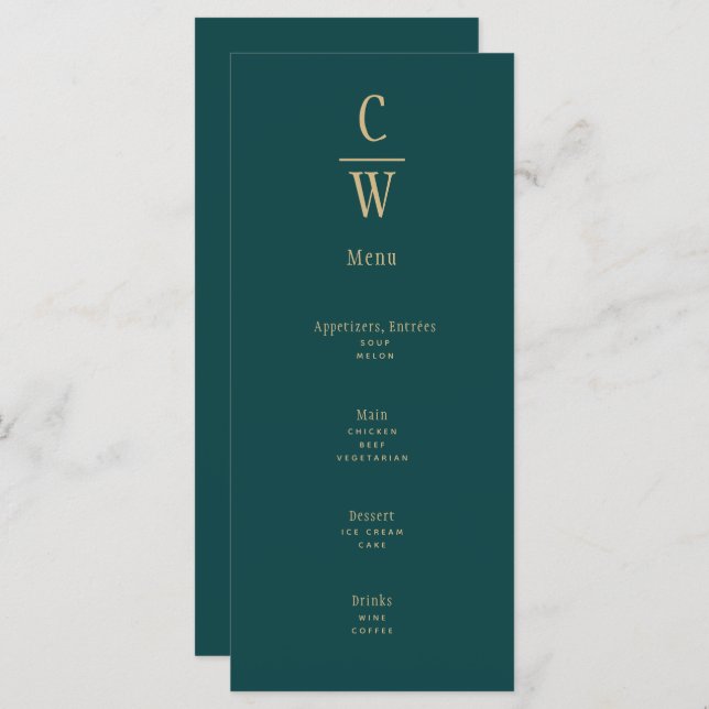Menu Pacock Teal Green Dourado Casamento Monograma (Frente/Verso)