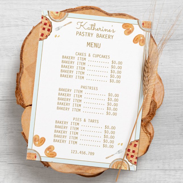 Menu Padaria de Tortas e Massas Finas Aquarela (Close up)