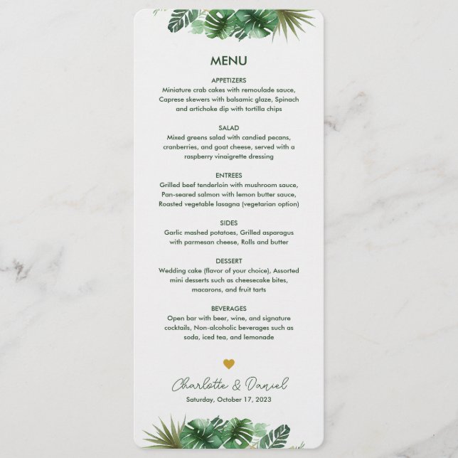 Menu Padrão de Aquarela Tópica | Casamento (Frente)