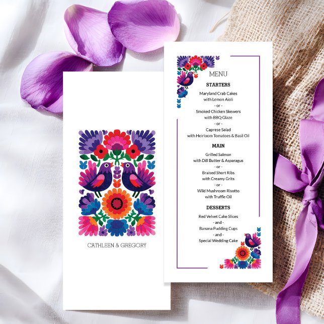 Menu Padrão de casamento de pássaros e flores folclóric (Elegant Folk Birds and Flowers Pattern Wedding Menu)
