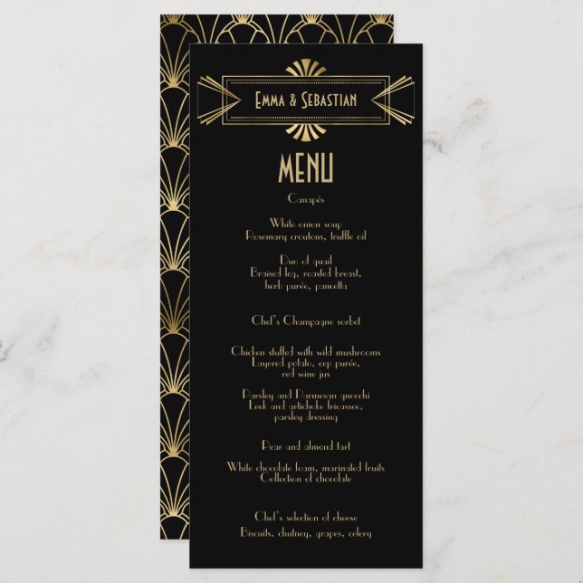 Menu Padrão de fam preto e dourado deco Casamento (Frente/Verso)