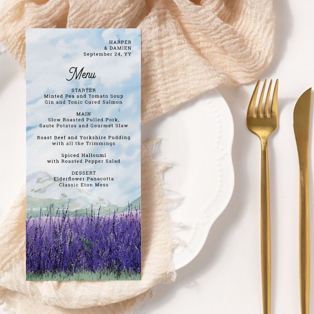 Menu Paisagem de Lavanda de Aquarela de Montanha (Menu from my Mountain Lavender Wedding Collection)