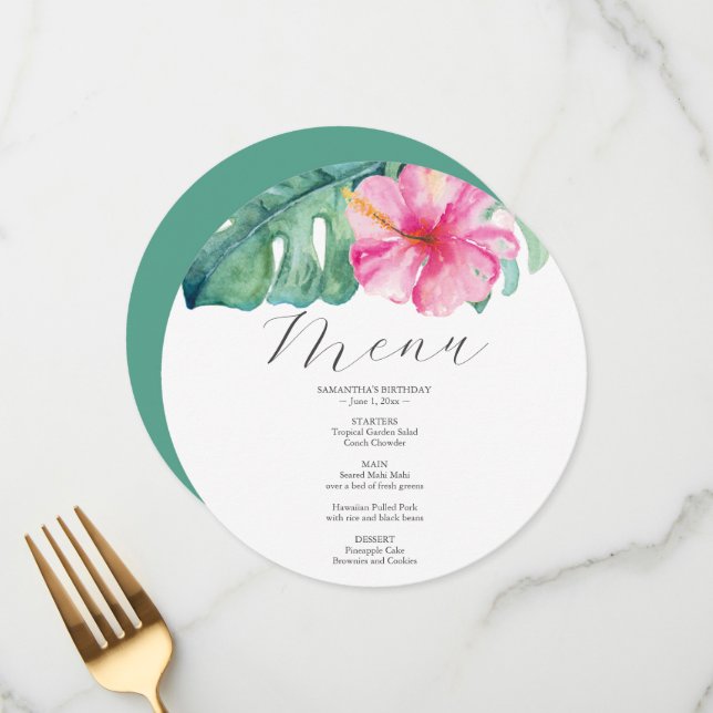 Menu Palm de Aquarela Deixa o rosa-rosa hibisco tropica (Frente/Verso In Situ)