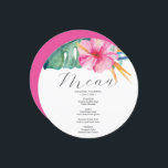 Menu Palm de Aquarela Deixa o rosa-rosa hibisco tropica<br><div class="desc">Esta palma cor-de-rosa floral e monstera deixa um cartão de menu de configuração de lugar jante é perfeito para um chá de panela ou festa de aniversário de temas tropicais. O único design redondo apresenta os meus verdes botânicos de cor d'água originais e o trabalho de arte de flor de...</div>