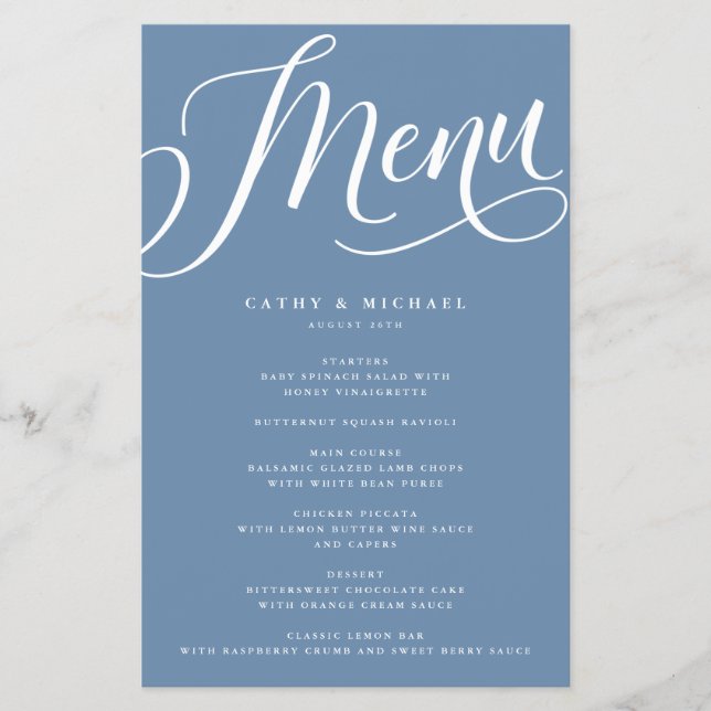 Menu Papel Azul Dusty, Script Flourado Moderno (Frente)