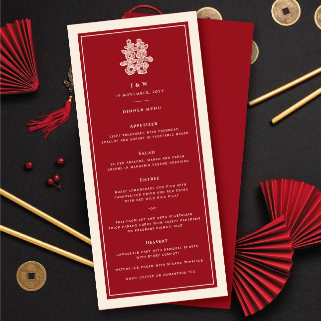 Menu Papel Floral Corta Dupla Felicidade Casamento Chin (Floral Paper Cut Double Happiness Chinese Wedding Menu @ fatfatin_red_knot)