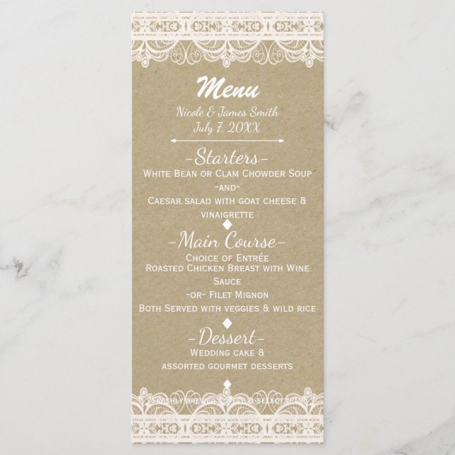 Menu Papel Kraft Marrom e Cardápio de Renda Branca Rúst (Frente)