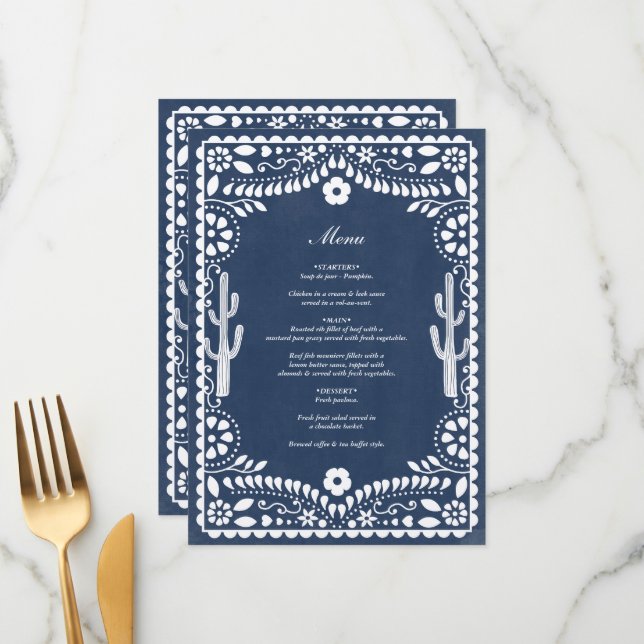 Menu Papel Picado Boda Mexican Rustic Blue Wedding (Frente/Verso In Situ)