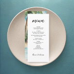 Menu Paradise Palms Tropical Beach Weding<br><div class="desc">O menu de casamento do tema Praia apresenta um simples design preto e branco limpo na frente com as opções do menu e uma pintura aquosa de palmeiras tropicais e um mar de turquesa tranquilo. Arte por KL Stock</div>