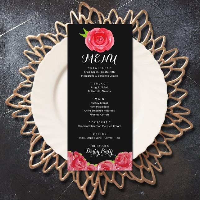 Menu Parte Derby de Rosas vermelhas de Aquarela (Watercolor Red Roses Derby Party Menus)