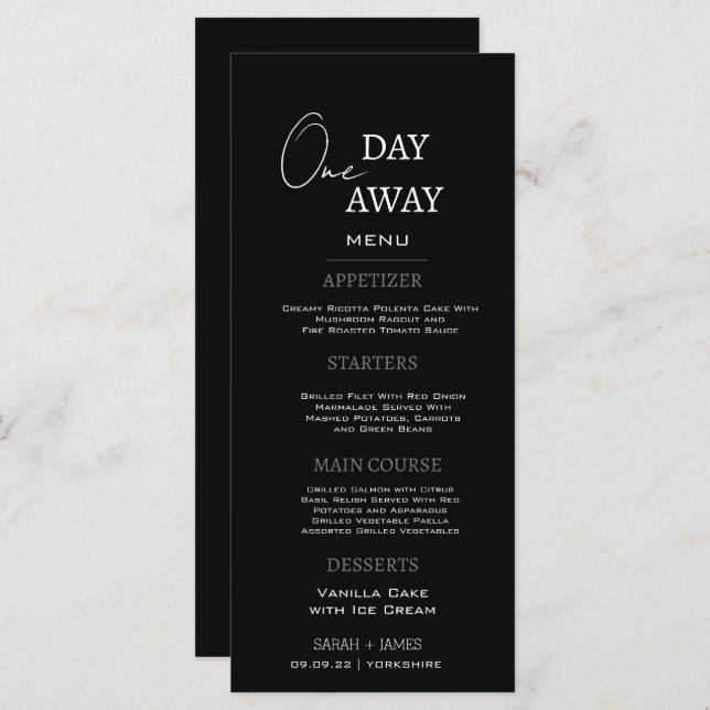 Menu Partido de Janto de Ensaio Mínimo Preto a Um Dia d (Frente/Verso)