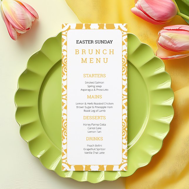Menu Páscoa Amarela Elegante Domingo Brunch Chic Floral (Elegant Yellow Easter Sunday Brunch Floral Chic Menu)