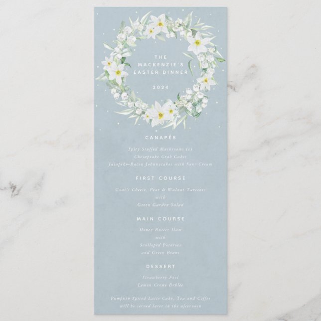 Menu Páscoa Floral Branco Azul Frota Flat 4 Curso (Frente)