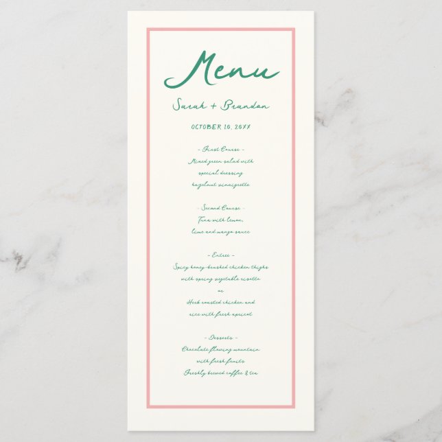 Menu Pastel Handwriting Pinky Green Retro Weding (Frente)