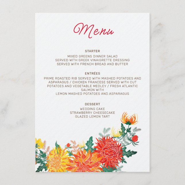 Menu Pastel Orange Yellow Primavera Dahlia Flores Casam (Frente)