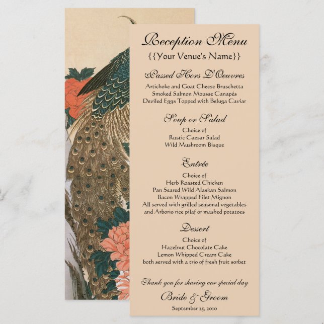 Menu Pavão e Peônias por Hiroshige Casamento (Frente/Verso)