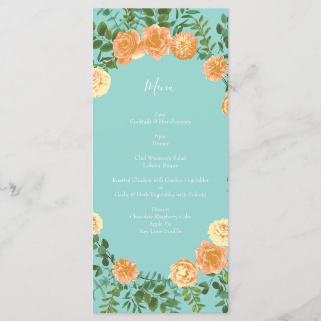 Menu Peach & Aqua Peony & Rosa Floral WedMenu (Frente)