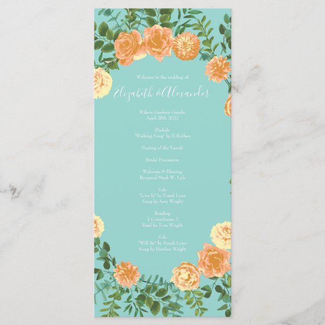 Menu Peach Aqua Teal Wedding Rosa Floral (Frente)