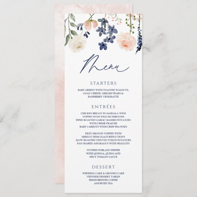Menu Peach & Blue Weddflower Floral Botânico (Frente/Verso)