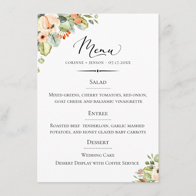 Menu Peach Floral Wedding Chic Typografia (Frente)