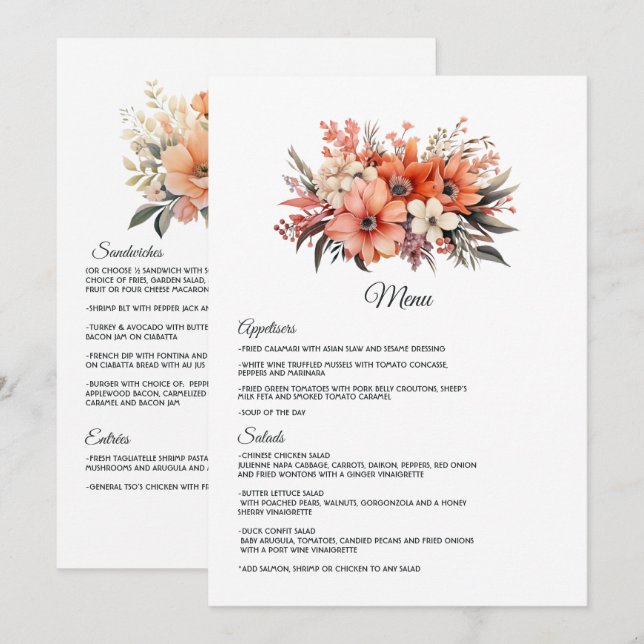Menu Peach Fuzz Floral Wedding (Frente/Verso)