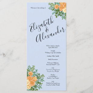 Menu Peach Light Blue Peony Rosa Floral Wedment Program