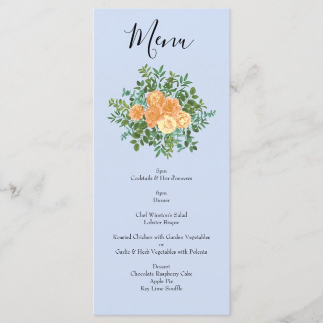 Menu Peach Light Blue Peony & Rosa Floral WedMenu (Frente)