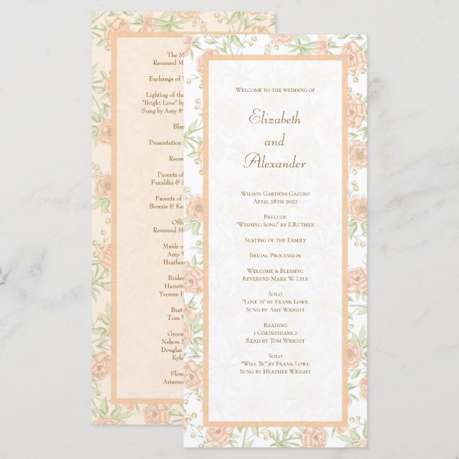 Menu Peach Rose Wedding Programs (Frente/Verso)