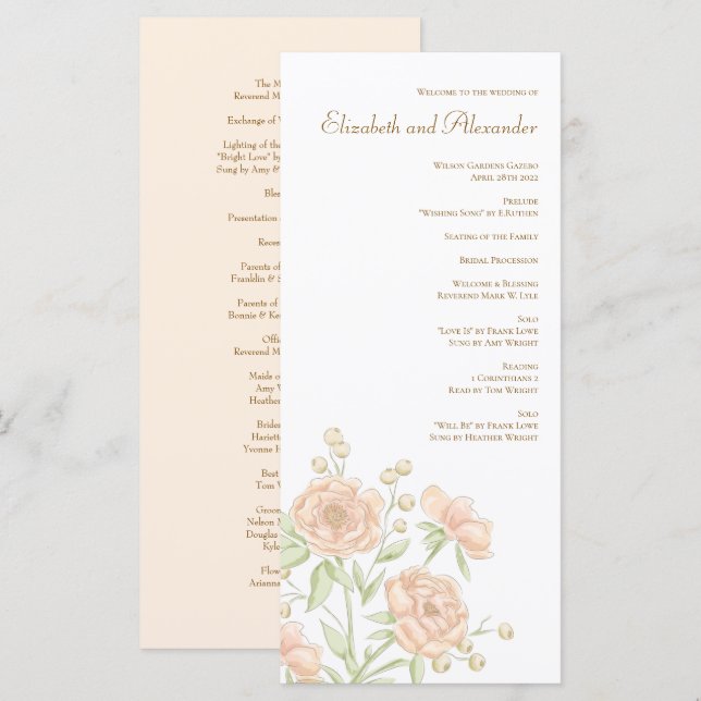 Menu Peach Rose Wedding Programs (Frente/Verso)