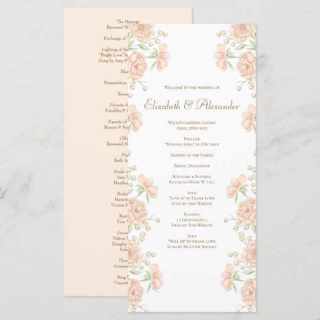 Menu Peach Rose Wedding Programs (Frente/Verso)