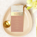 Menu Peach Terracotta Wedding<br><div class="desc">Descubra o nosso cardápio de casamento Boho Chic em elegante pessegueiro. Apresentando sotaques florais de ouro vintage e um simples roteiro de caligrafia,  este design moderno combina lindamente a sofisticação com um toque de branco,  fazer o complemento perfeito para o seu dia especial.</div>