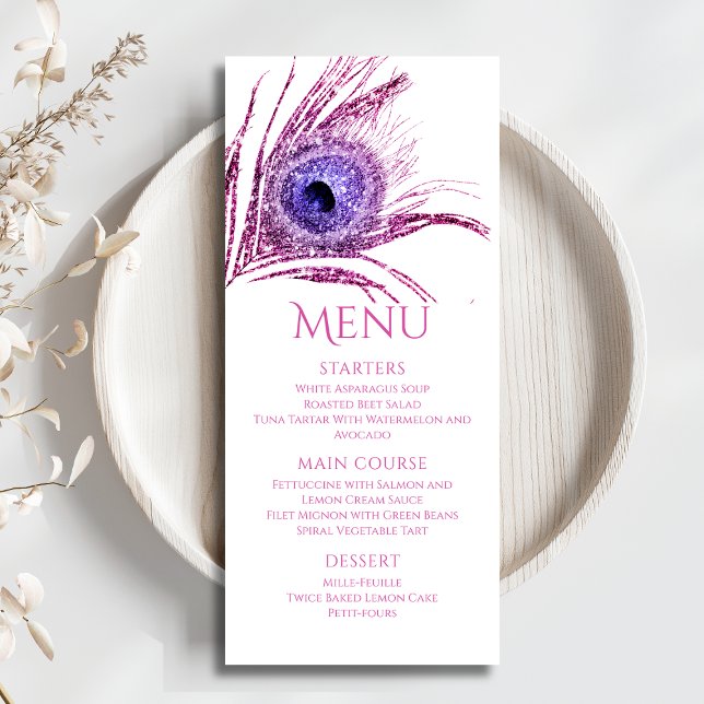 Menu Peacock Feather Chic Glitter Rosa Bat Mitzvah (Criador carregado)