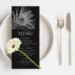 Menu Pena de Pavão Chic Brilho Prata Bat Mitzvah<br><div class="desc">Este design apresenta uma elegante pena de pavão brilhante prateada em um fundo preto com as informações do seu menu de Bat Mitzvah abaixo. Personalize editando o texto nas caixas de texto. Criado para você pelo Evco Studio www.zazzle.com/store/evcostudio #mitzvah #batmitzvah #planejadordeeventos #mazeltov #judaico #mitzvahswag #festa #vidajudaica #casamento #kosher #mitzvahlife #eventoscorporativos...</div>