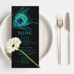 Menu Pena de Pavão Chic Brilho Turquesa Bat Mitzvah<br><div class="desc">Este design apresenta uma elegante pena de pavão brilhante em turquesa sobre um fundo preto com as informações do menu da sua Bat Mitzvah abaixo. Personalize editando o texto nas caixas de texto. Criado para você pelo Evco Studio www.zazzle.com/store/evcostudio #mitzvah #batmitzvah #planejadordeeventos #mazeltov #judaico #mitzvahswag #festa #vidajudaica #casamento #kosher #mitzvahlife...</div>