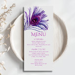 Menu Pena de Pavão Chic Glitter Roxo Bat Mitzvah<br><div class="desc">Este design apresenta uma elegante pena de pavão cintilante rosa e roxa em um fundo branco com as informações do seu menu de Bat Mitzvah abaixo. Personalize editando o texto nas caixas de texto. Criado para você pelo Evco Studio www.zazzle.com/store/evcostudio #mitzvah #batmitzvah #planejadordeeventos #mazeltov #judaico #mitzvahswag #festa #vidajudaica #casamento #kosher...</div>