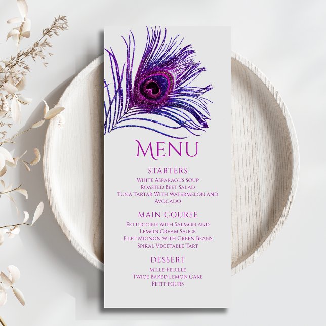 Menu Pena de Pavão Chic Glitter Roxo Bat Mitzvah (Criador carregado)