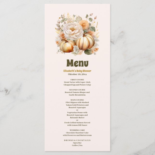 Menu Pequeno abóbora queda aquarela chá de fraldas flor (Frente)