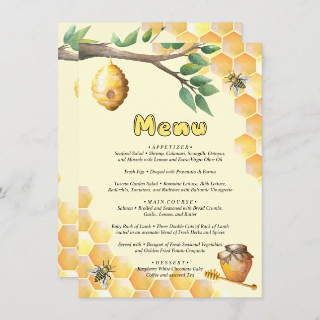 Menu Pequeno Chá de fraldas de Abelhas (Frente/Verso)