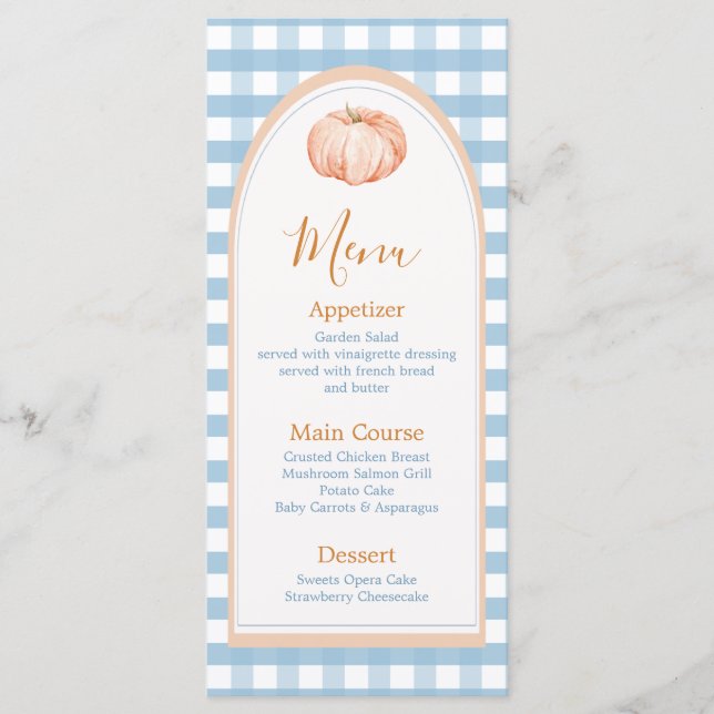 Menu Pequeno Pumpkin Boho Blue Gingham Aniversário (Frente)
