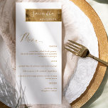 Menu Personalização Chic com Nome de Convidado Branco e<br><div class="desc">Por que gastar cartões de lugar e cartões de menu quando você pode ter um menu elegante All-in-one personalizado com o nome de cada convidado? Design contemporâneo, simples e elegante com bela faixa de ouro com nome de convidado na caligrafia moderna escrita manual em branco e o resto do menu...</div>
