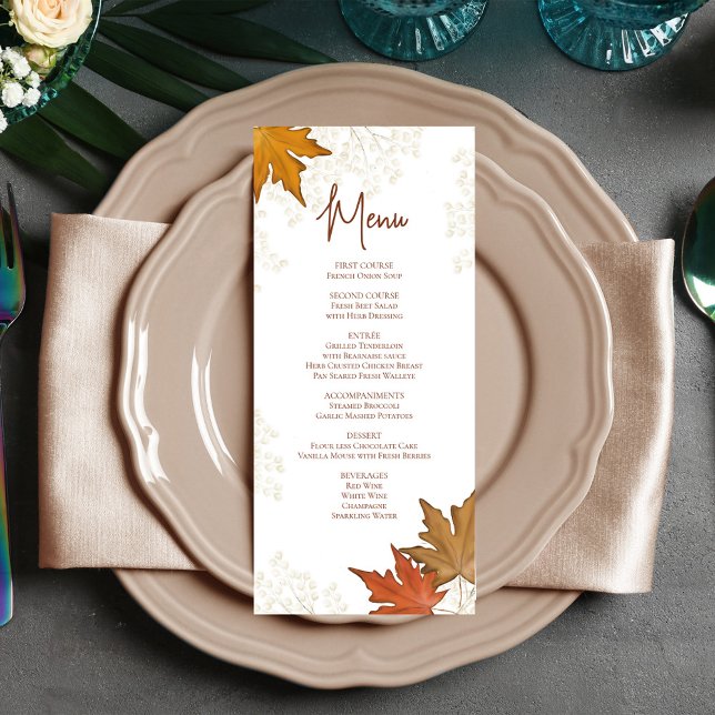 Menu Personalizado de Casamento Elegante de Folhas (Wedding menu card with watercolor leaves.)