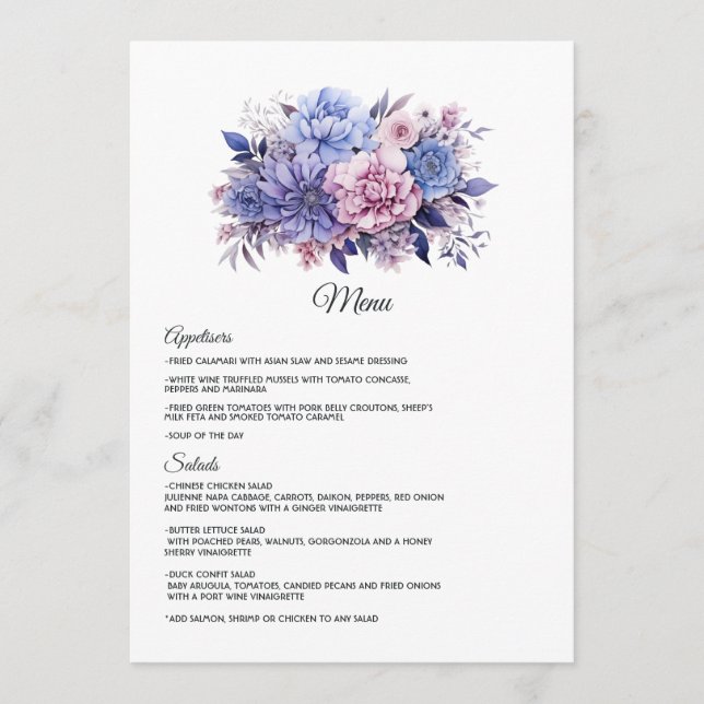 Menu Petal Rosa, Cornflower Blue & Mauve Purple Weding (Frente)