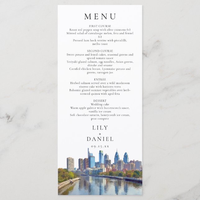 Menu Philadelphia Skyline Watercolor Elegant Wedding (Frente)