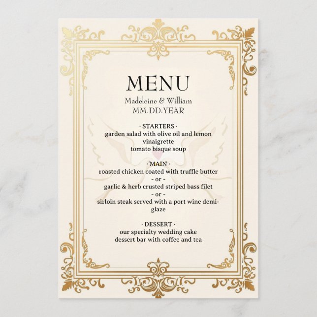 Menu Pigeon Elegant Luxury Casamento Dourado (Frente)
