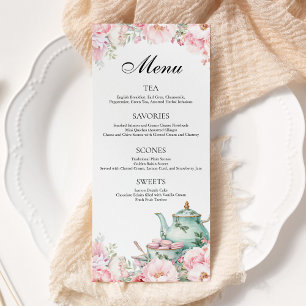 Menu Pink Floral Sage Green Tarde Festa de Tea